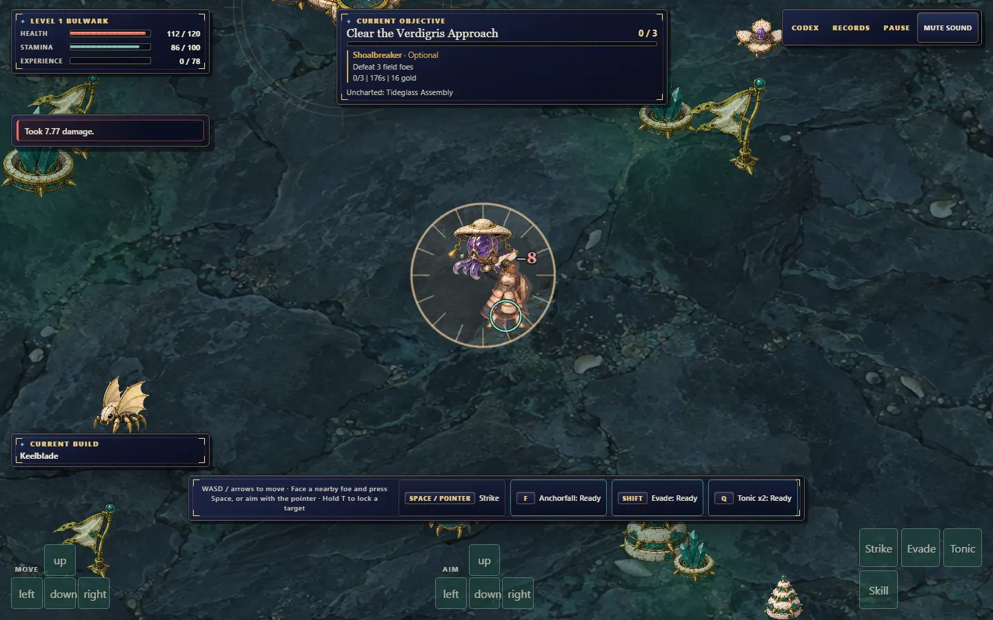 Actual Skyglass Drift gameplay: the Bulwark navigating Verdigris Shoals, with health, stamina and combat controls visible.