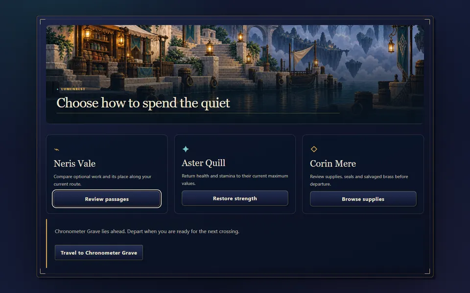 Actual Lumenrest settlement screen, where navigators recover and prepare for the next passage.