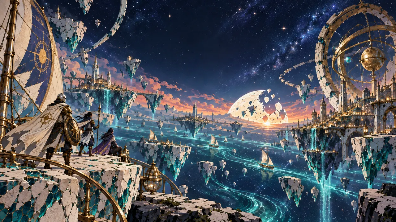 Porcelain islands suspended beneath a broken celestial orrery, from the trailer.